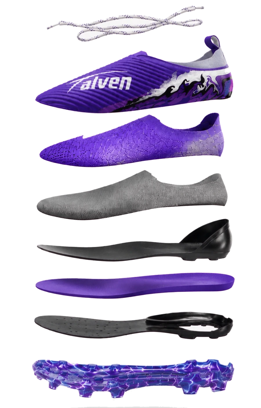 All eight layers of the Talven boot separated: laces, TPU top layer, flyknit upper, mesh lining, counter stiffener, EVA insock, insole board with heel shank, and the TPU outsole.